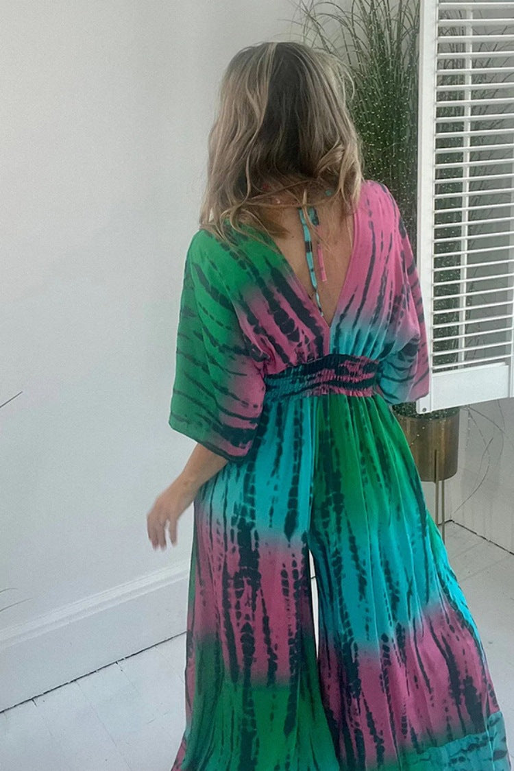 Arrival Printed Elastic Waist with Pocket Loose Lace-Up Jumpsuit