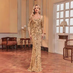 Women's Long Sleeve Dress Heavy Work Maxi Dress Fishtail Sequin Slim Fishtail Bridesmaid Cocktail Evening Dress