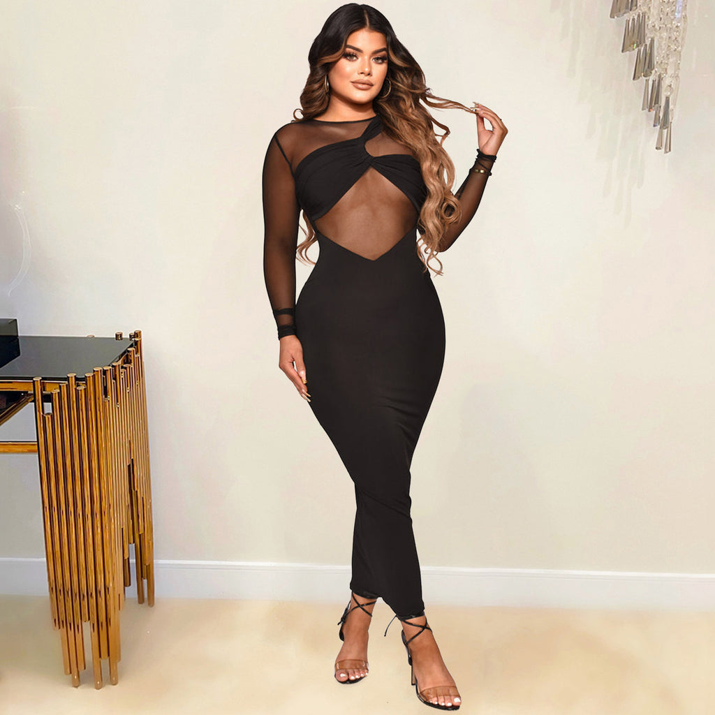 Women's Crew-Neck Mesh Long-Sleeve Bodycon Dress