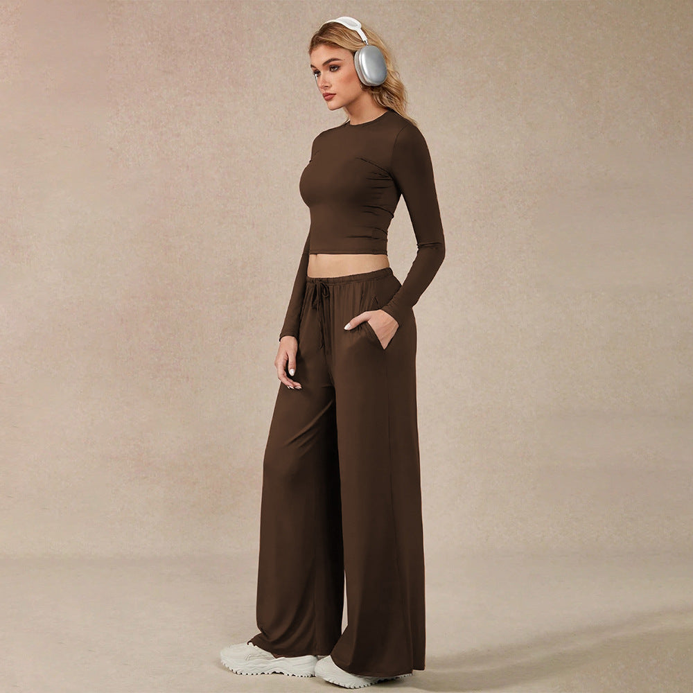 Women's Brown Cropped Top & Wide-Leg Pants Set