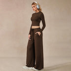 Women's Brown Cropped Top & Wide-Leg Pants Set