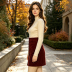 Fall Winter Red Brown Elegant High Grade Corduroy Skirt