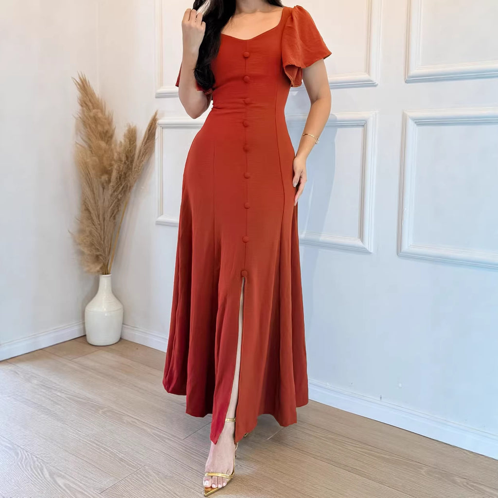 Ruffle-Sleeve V-Neck Split Maxi Dress