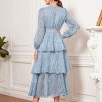 Lace Ruffle Crew-Neck Lantern-Sleeve A-Line Maxi Dress
