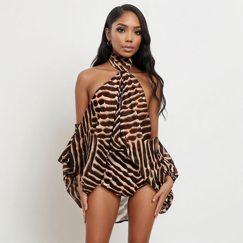 Women Clothing Summer Sexy Printed off Shoulder Long Sleeve