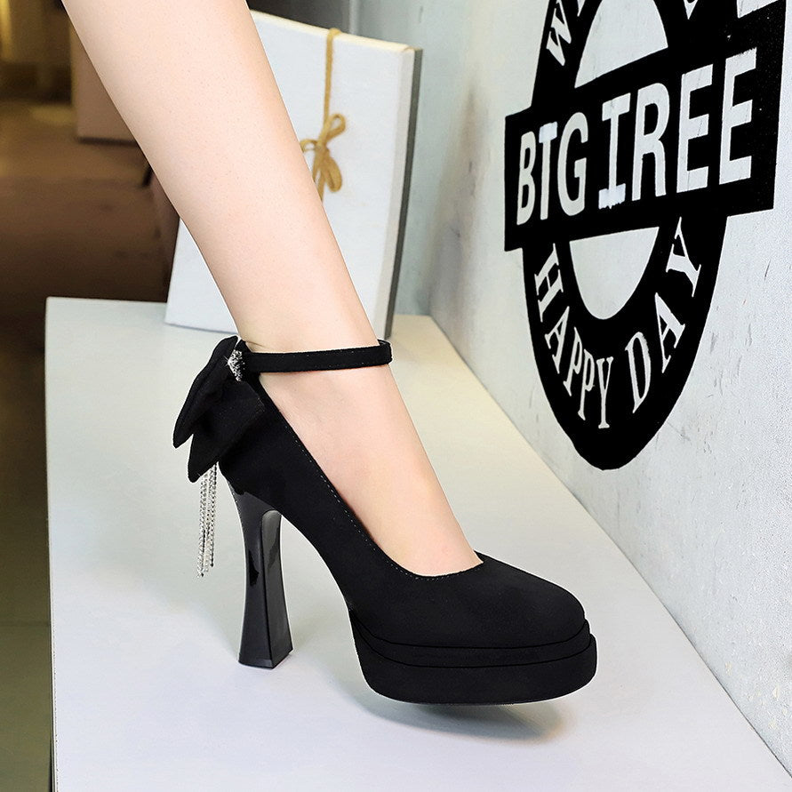 Women's Black Platform High Heels With Back Bow Detail