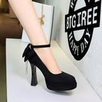 Women's Black Platform High Heels With Back Bow Detail