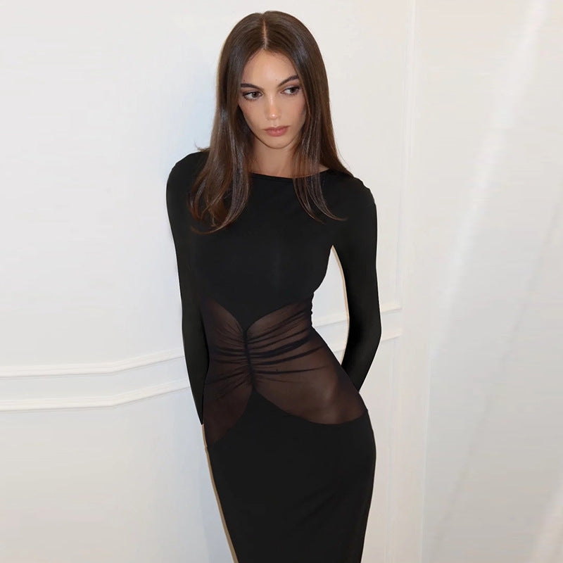 Fall round Neck Pullover Long Sleeve Mesh Slim Fit Patchwork Hip Bag Dress