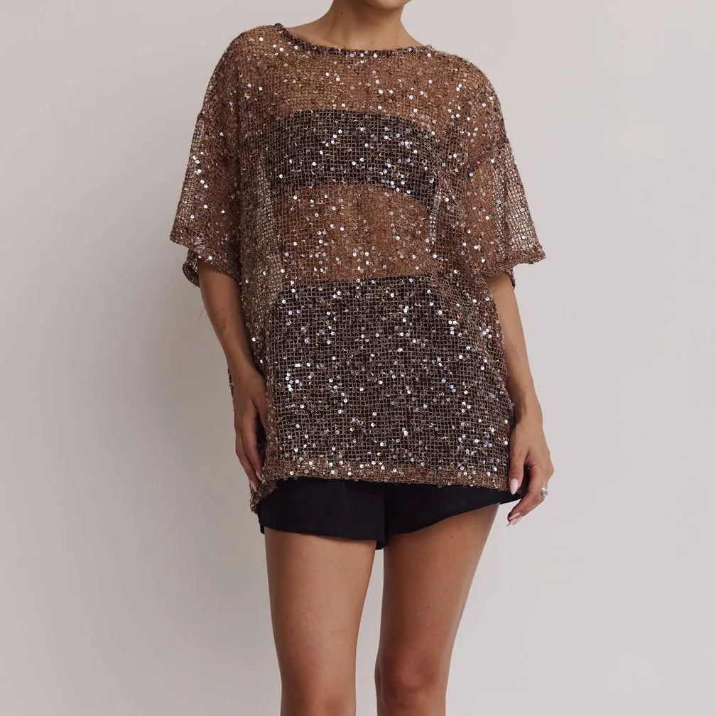 Sequined Sheer Cutout Long Sleeve Top