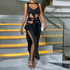 Women's Mesh Cutout Asymmetric Slit Maxi Dress