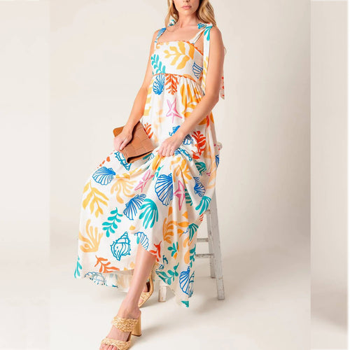 Summer Women Clothing Seaside Vacation Printed Lace Color Block Maxi Dress