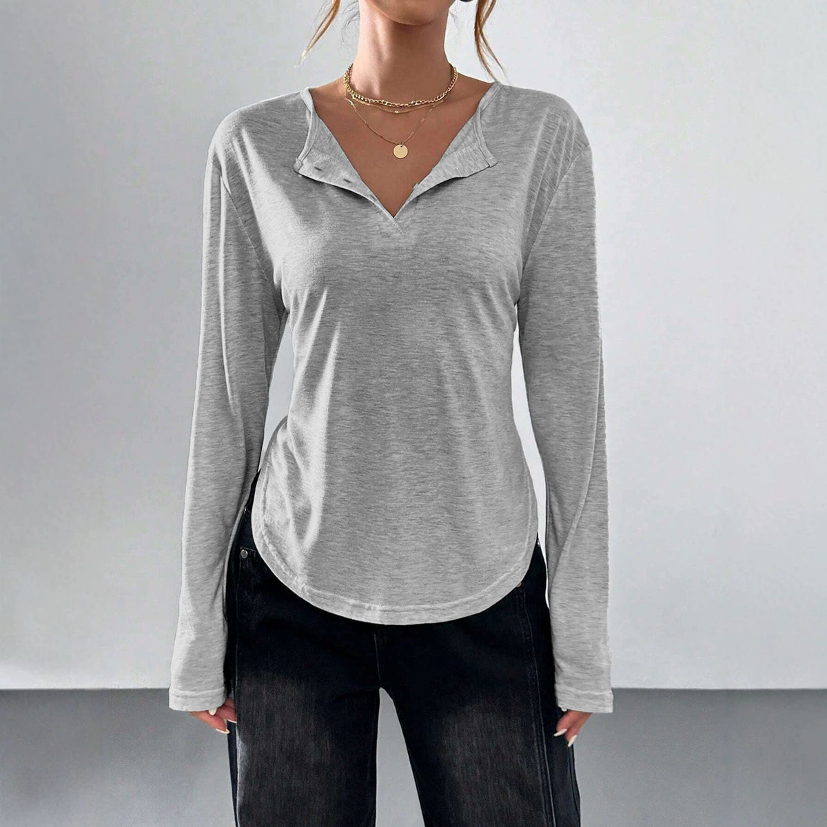 Women's Casual Long Sleeve T Shirt Women V Neck Curved Hem Loose Slimming Basic Bottoming Top