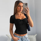 Women's Lace Trim Lace-Up Short Sleeve Top