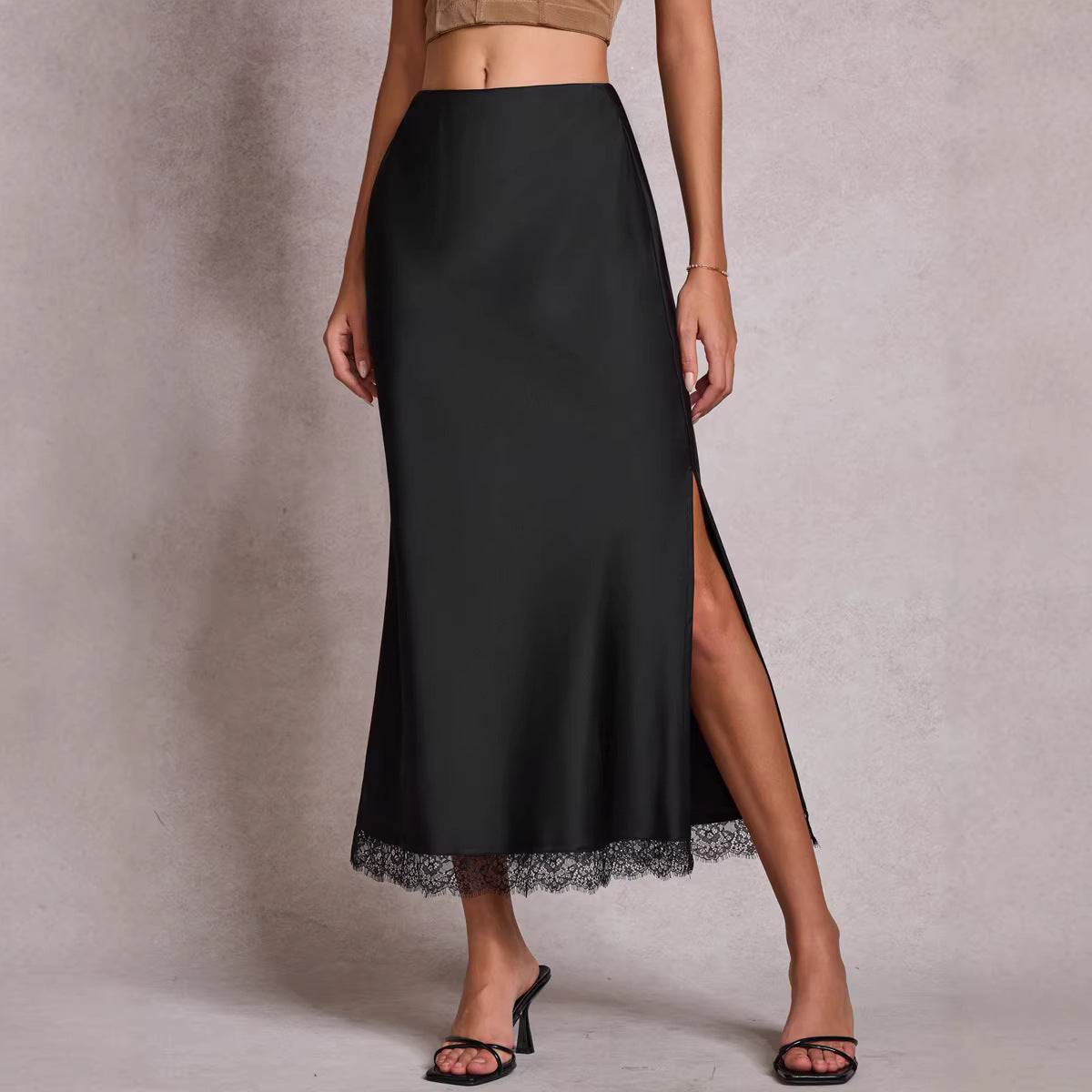 Satin Lace Split High Waist Elastic Sheath Skirt
