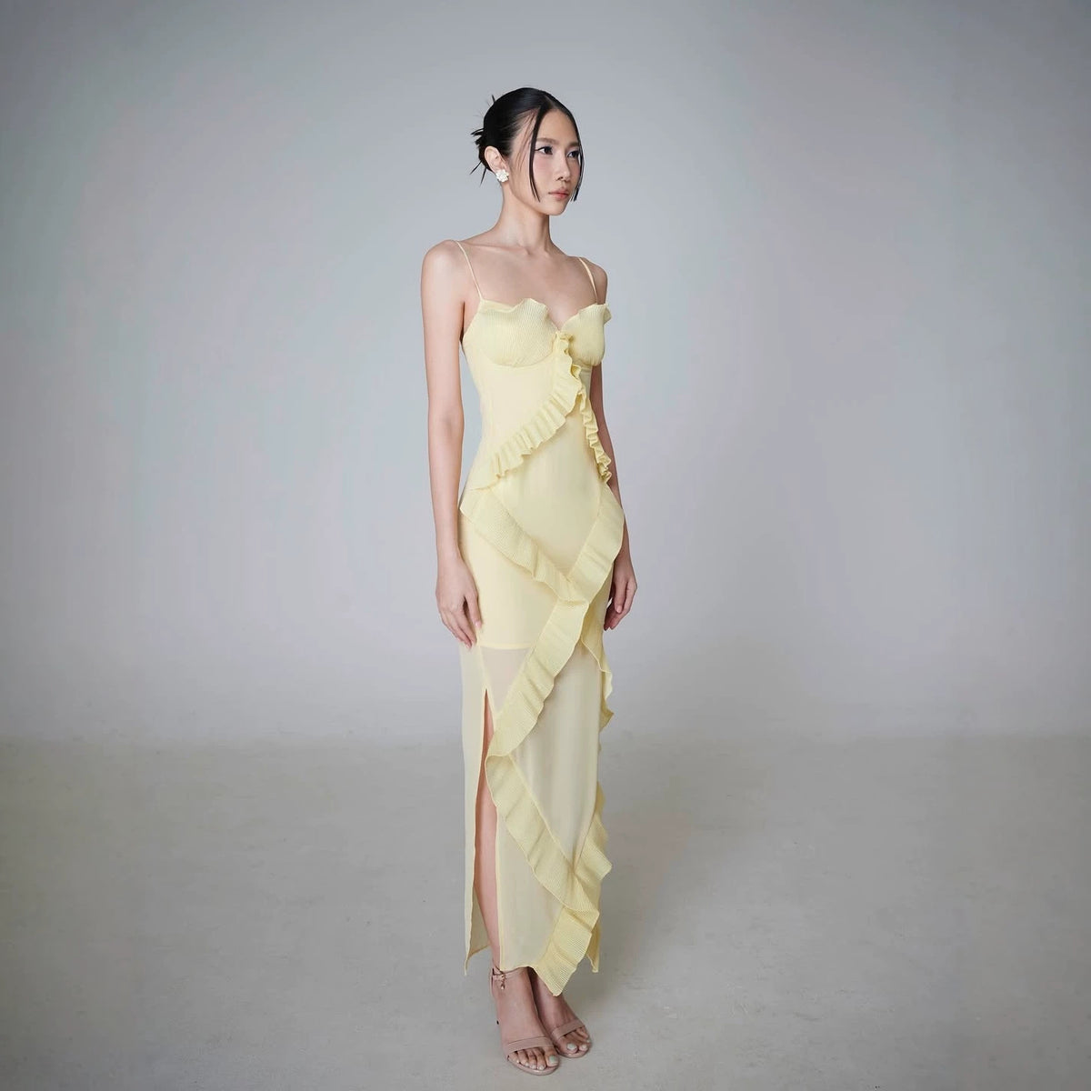Women Yellow Gallus Dress Cinched Slimming Maxi Dress