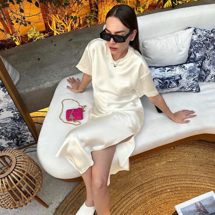 Simple Round Neck Short Sleeve High Waist