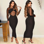 Women's Crew-Neck Mesh Long-Sleeve Bodycon Dress