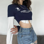 Women's Printed Contrast Cropped Long Sleeve Top