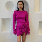 Long-Sleeve Satin Draped Dress