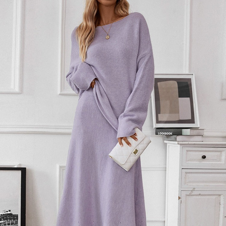 Women's Autumn Winter Elegant Knitting Sweater and Skirt Two-Piece Set