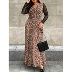 Vintage Leopard Print Maxi Dress Sheer Mesh Long Sleeve High Waist Slim Dress