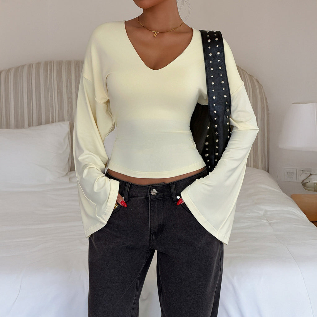 Women's Clothing Autumn Elegant Flared Long Sleeve Waist Trimming Top