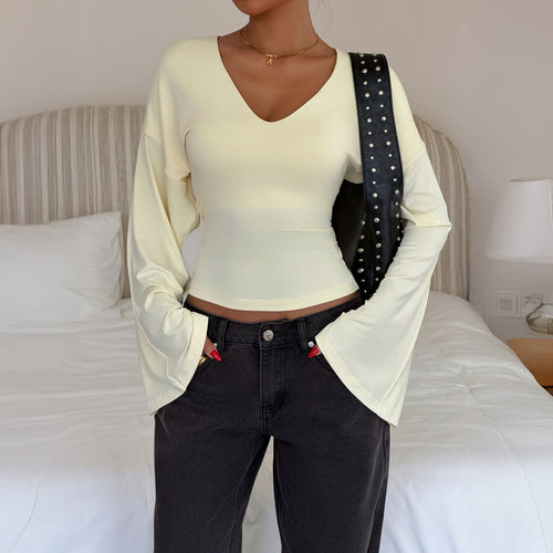Women Clothing Autumn Elegant Flared Long Sleeve Waist Trimming Short Top