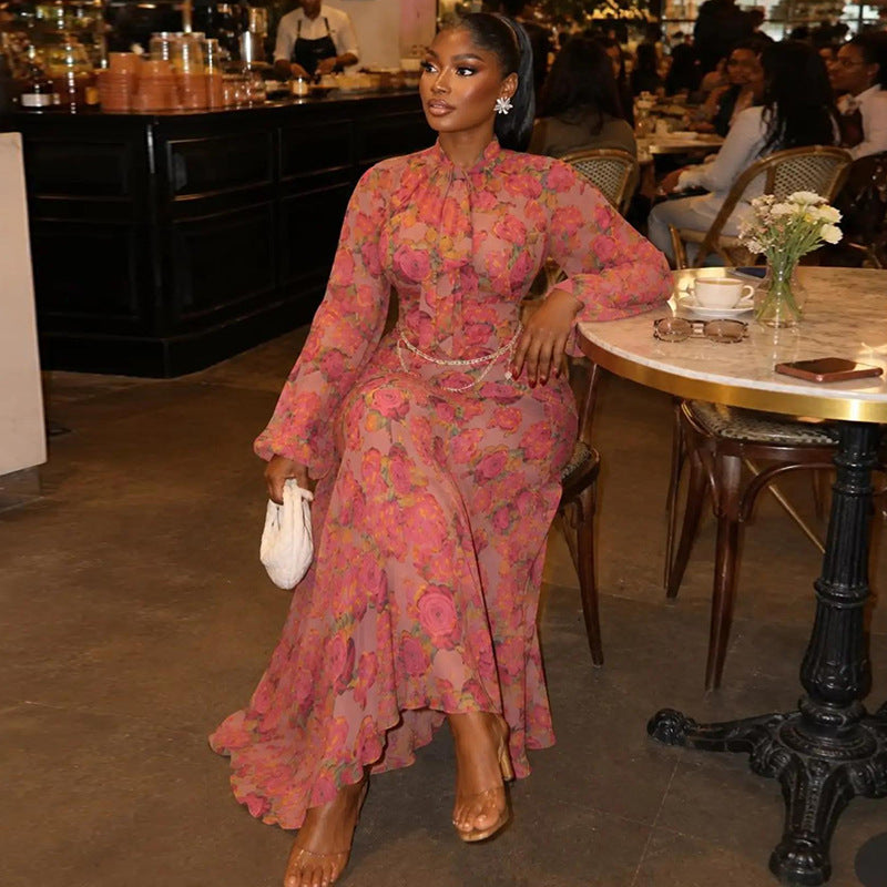 Women's Waist Loose A Line Round Neck Floral Draped Dress