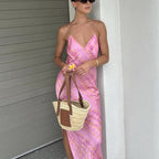 Printed V neck Suspender Side Slit Backless