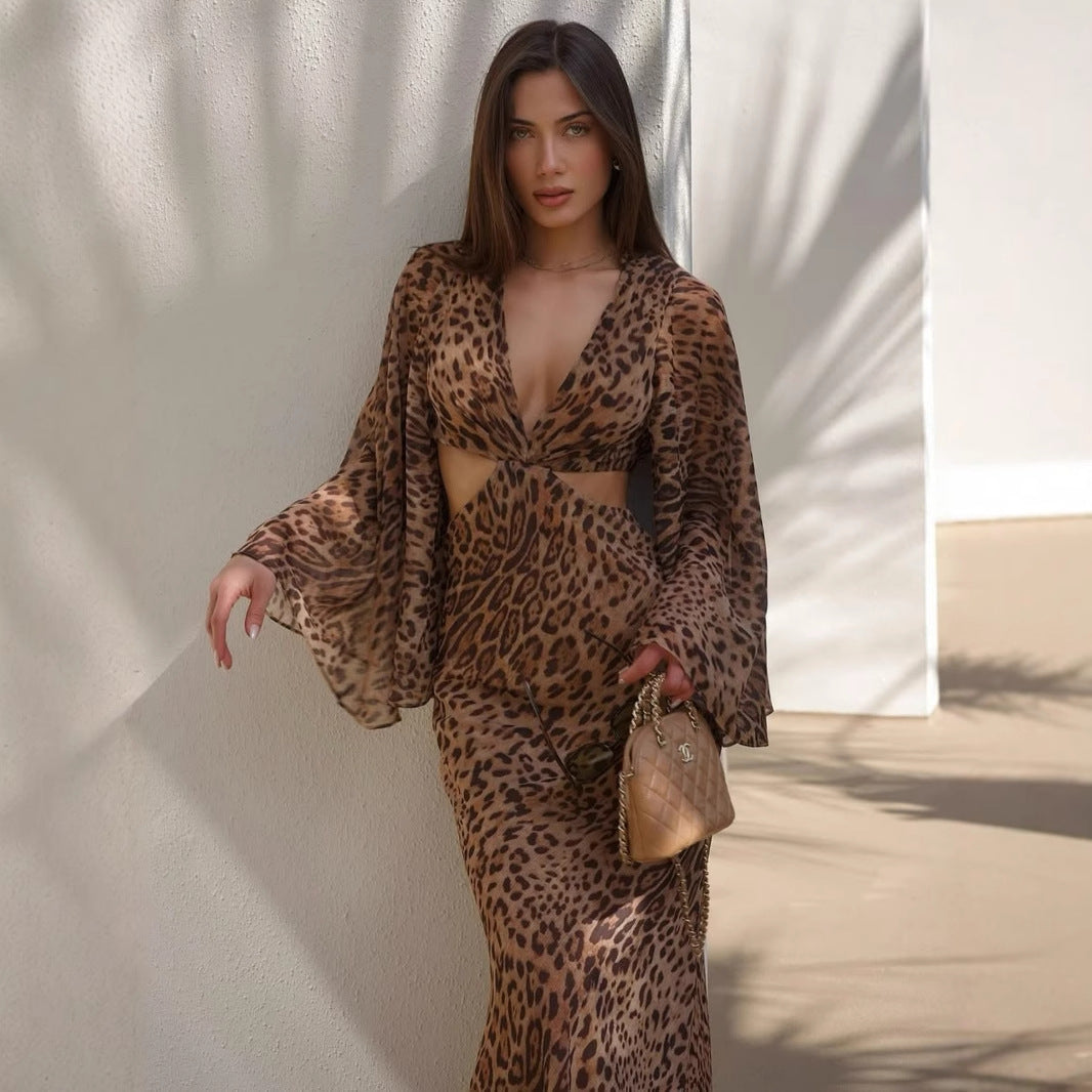 Summer Leopard Print Lace-Up Deep V Plunge Neck Cutout Long Sle