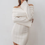 Off-shoulder long-sleeve knit dress in white, ribbed texture, short mini length