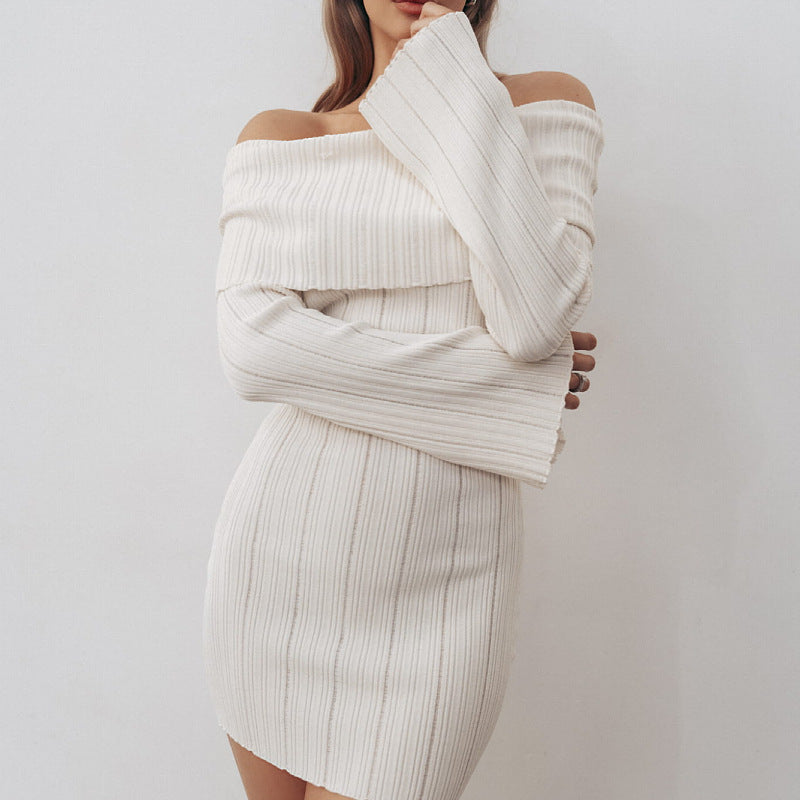 Off-shoulder long-sleeve knit dress in white, ribbed knit, ruched look, mini length