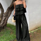 Women's Ruffled Spaghetti Straps Double Layer Folding Lace Up Bow Shoulder Strap Loose Wide Leg Pants