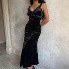 Women's French Romantic Velvet Lace V Neck Patchwork Sleeveless Dress Slim Fit Sheath Fishtail Dress Inner Wear