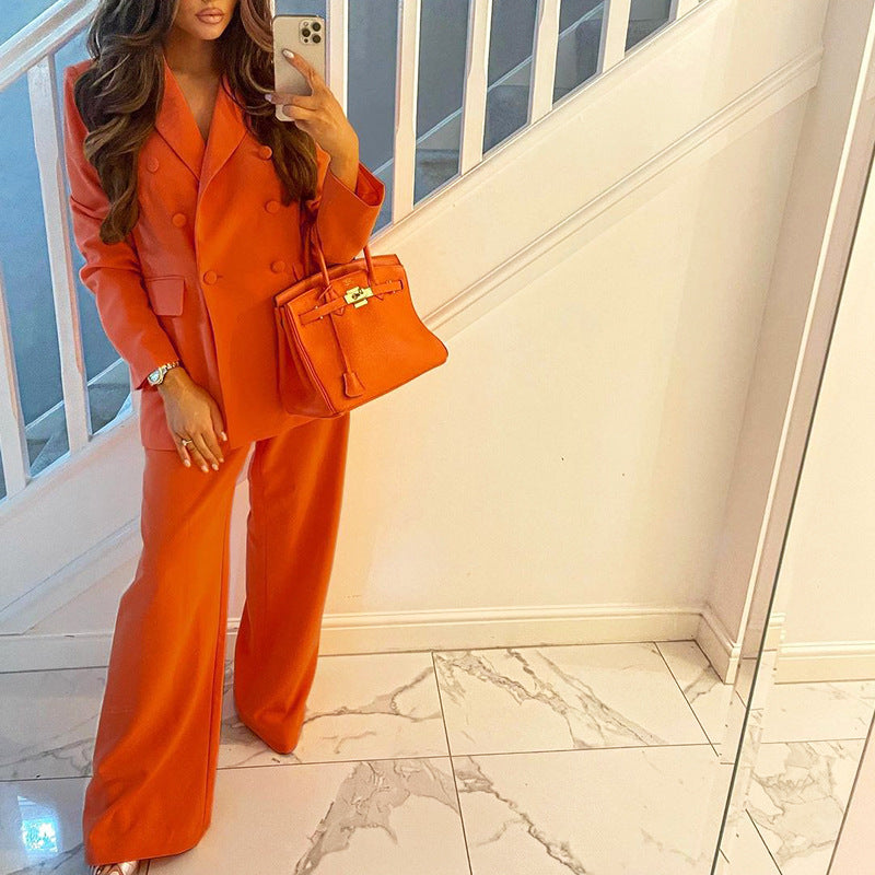 Women's Autumn Winter Solid Color Blazer Wide Leg Pants Set