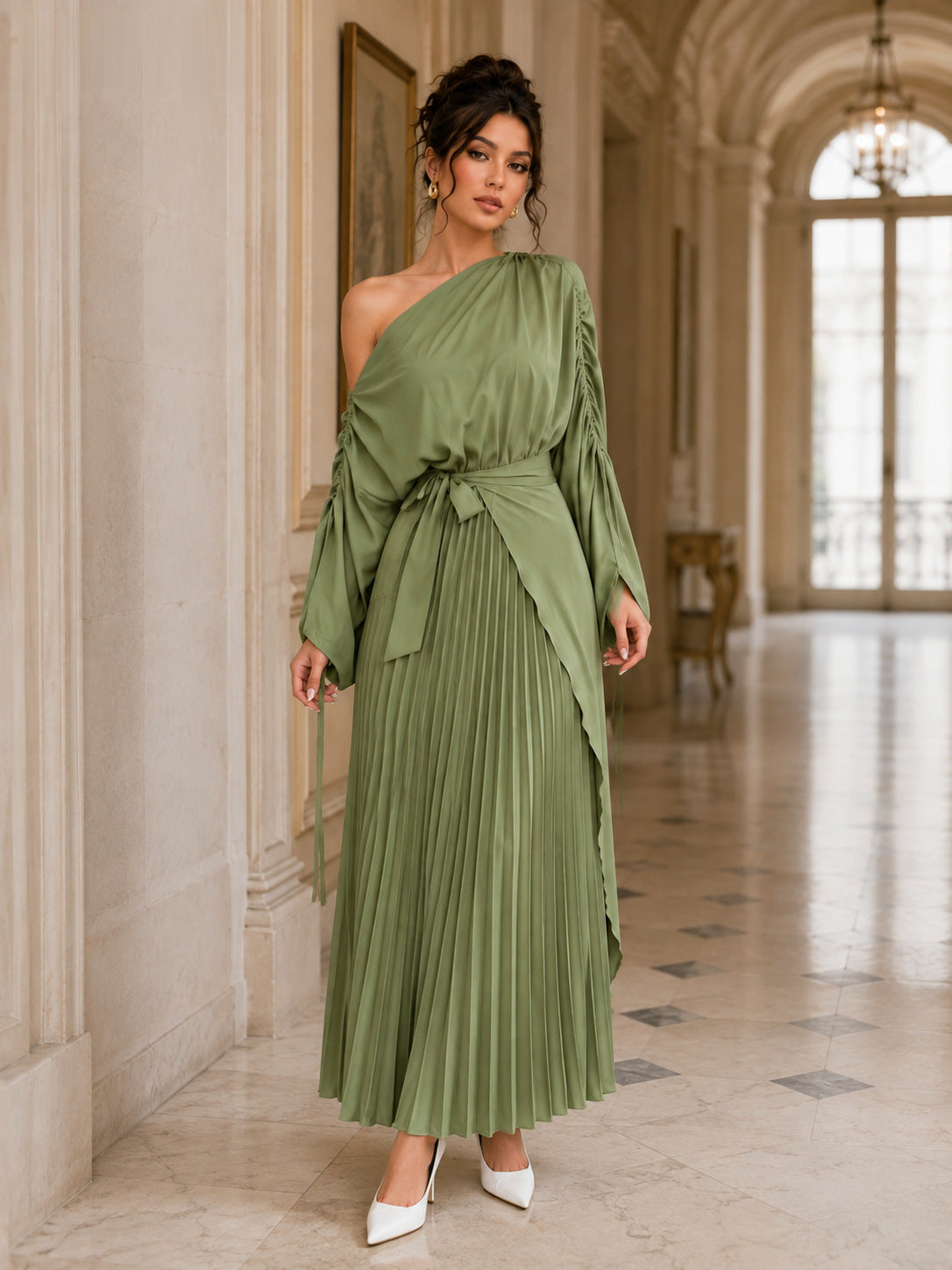 Green Asymmetric Fold Maxi Dress Women Fashionable One Shoulder Dress