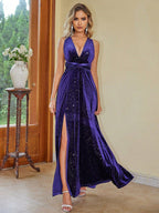 Women's Deep V Plunge Neck High Slit Velvet Cocktail Dress
