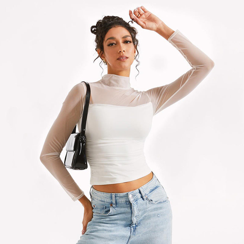 Women's Turtleneck Sheer Mesh Long Sleeve Crop Top