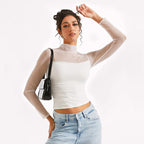 Women's Turtleneck Sheer Mesh Long Sleeve Crop Top