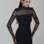 Elegant Half Turtleneck Mesh Slim Fit Patchwork Sexy Padded Shoulder