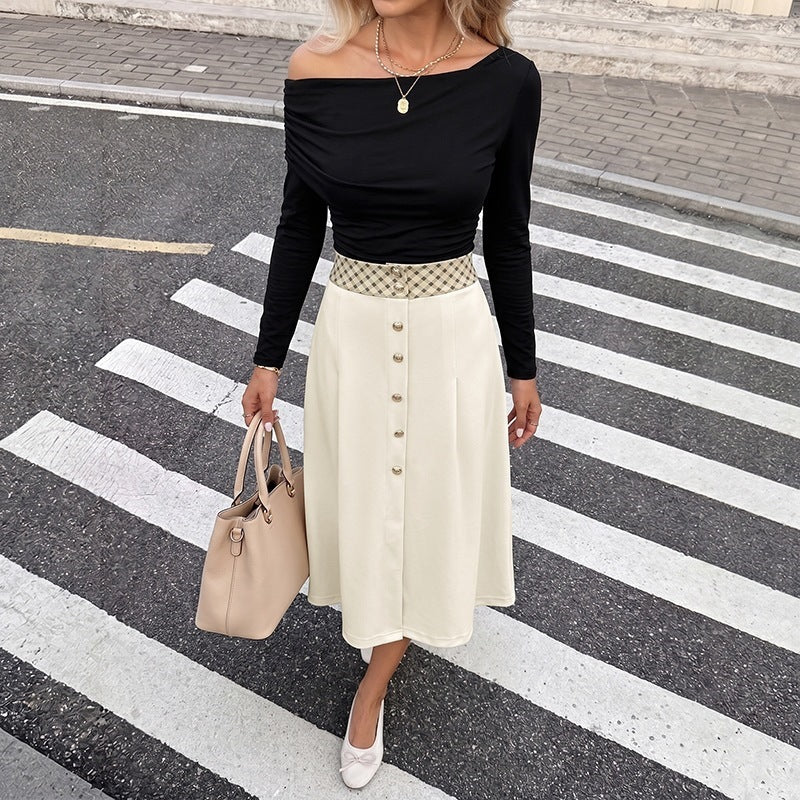 Autumn Winter Skirt Gentle Knitted Plaid Stitching HW A