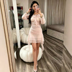 Women's Mesh Ruffled Long-Sleeve Bodycon Mini Dress