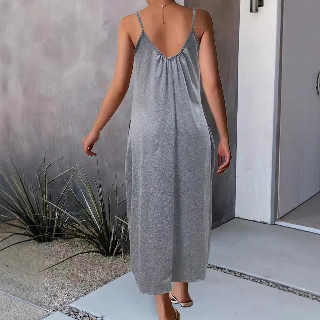Women's Spring Solid Color Summer Beach Suspender Dress