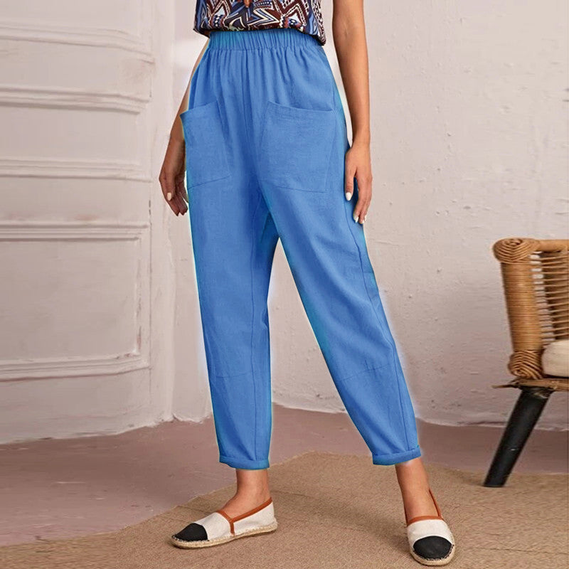 Four Seasons Cotton Linen Cropped Elastic Waist Pants