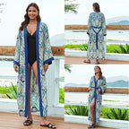 Mid-length rayon beach cover-up shirt, blue and teal geometric print, tie waist, open V-neck