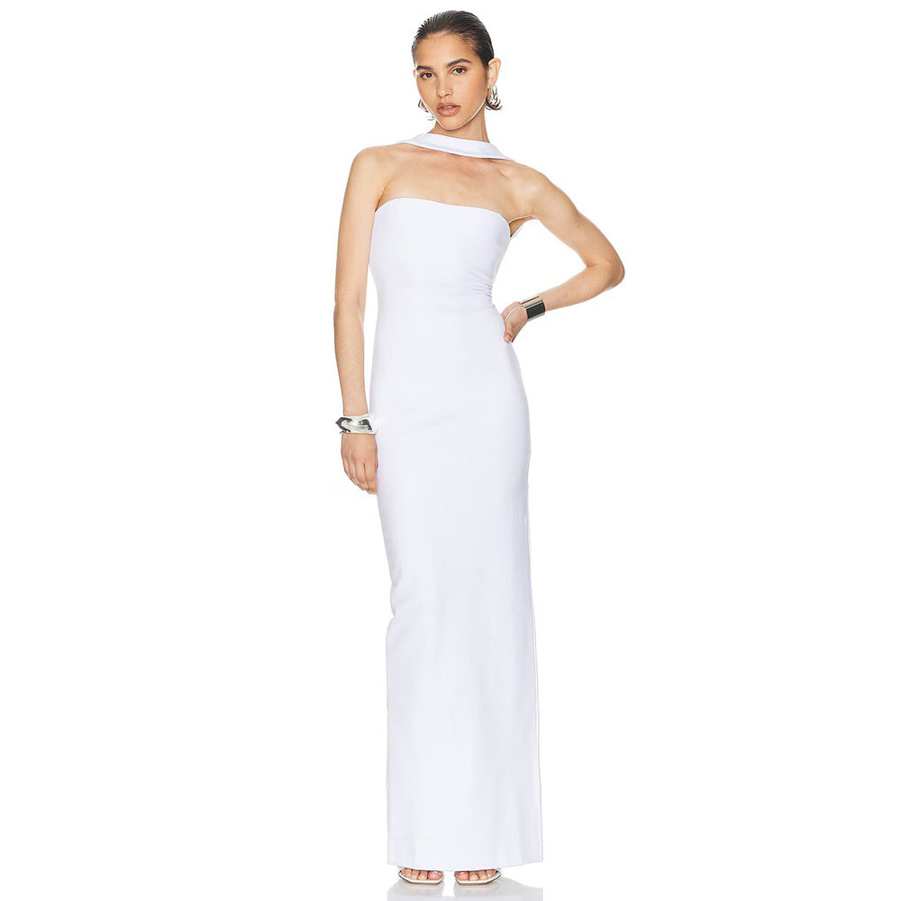 Women's Summer Side Slit Bandage Elastic Long Strapless Tight Halter Dress