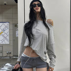 Women's Street Oblique Shoulder Striped Loose Long Sleeves Top Idle
