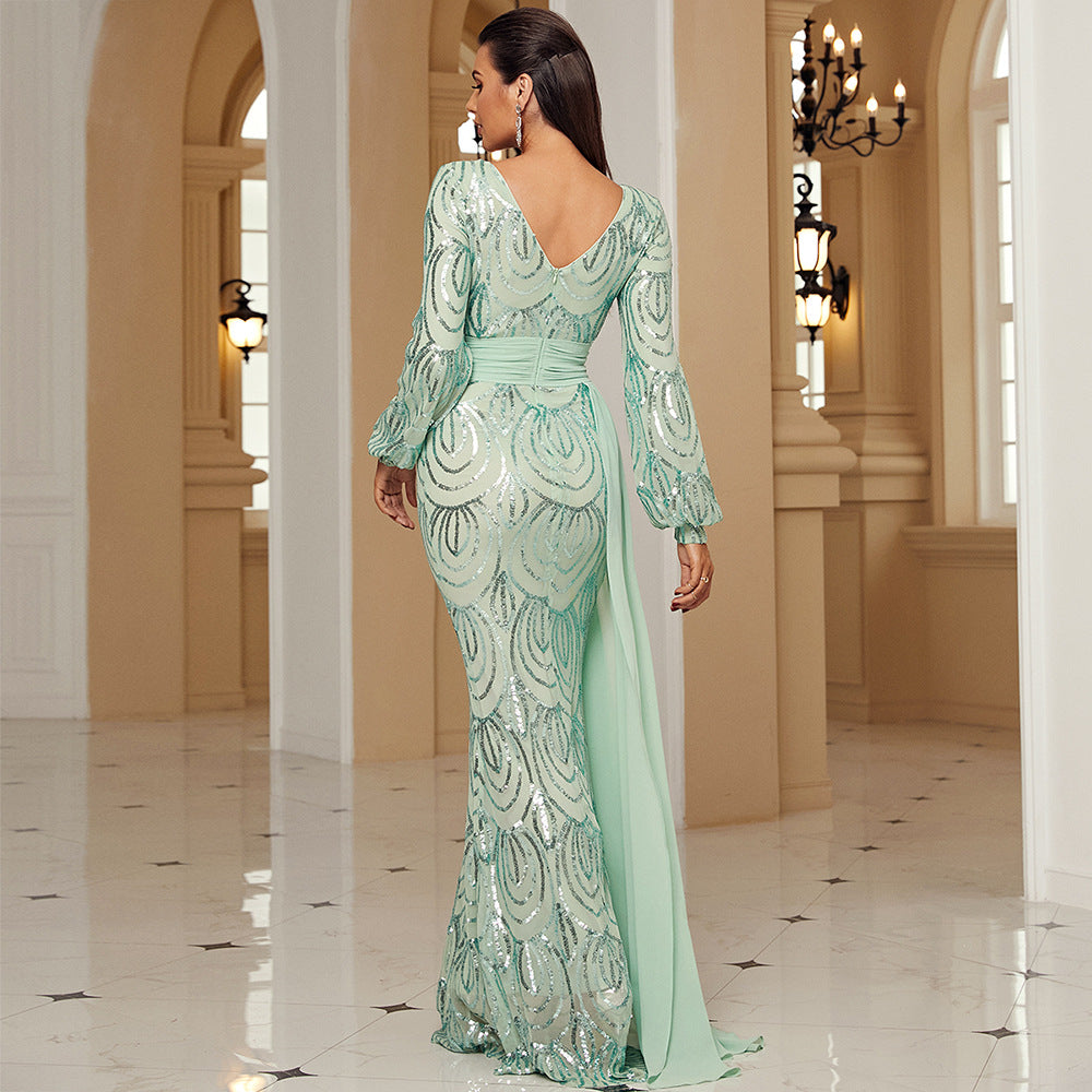 Women's Long Sleeve Long Sequined V Neck Cocktail Ribbon Evening Dress