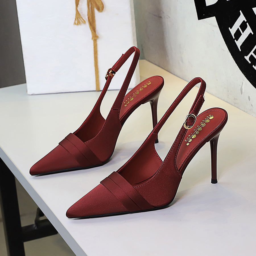 Women's French Satin Stiletto Heel High Heel Shoes Pointed Toe Shallow Mouth Back