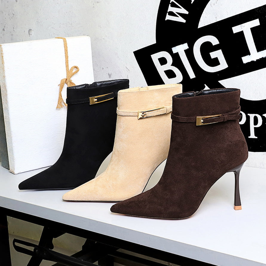 Women's Pointed-Toe Suede Buckle Stiletto Boots